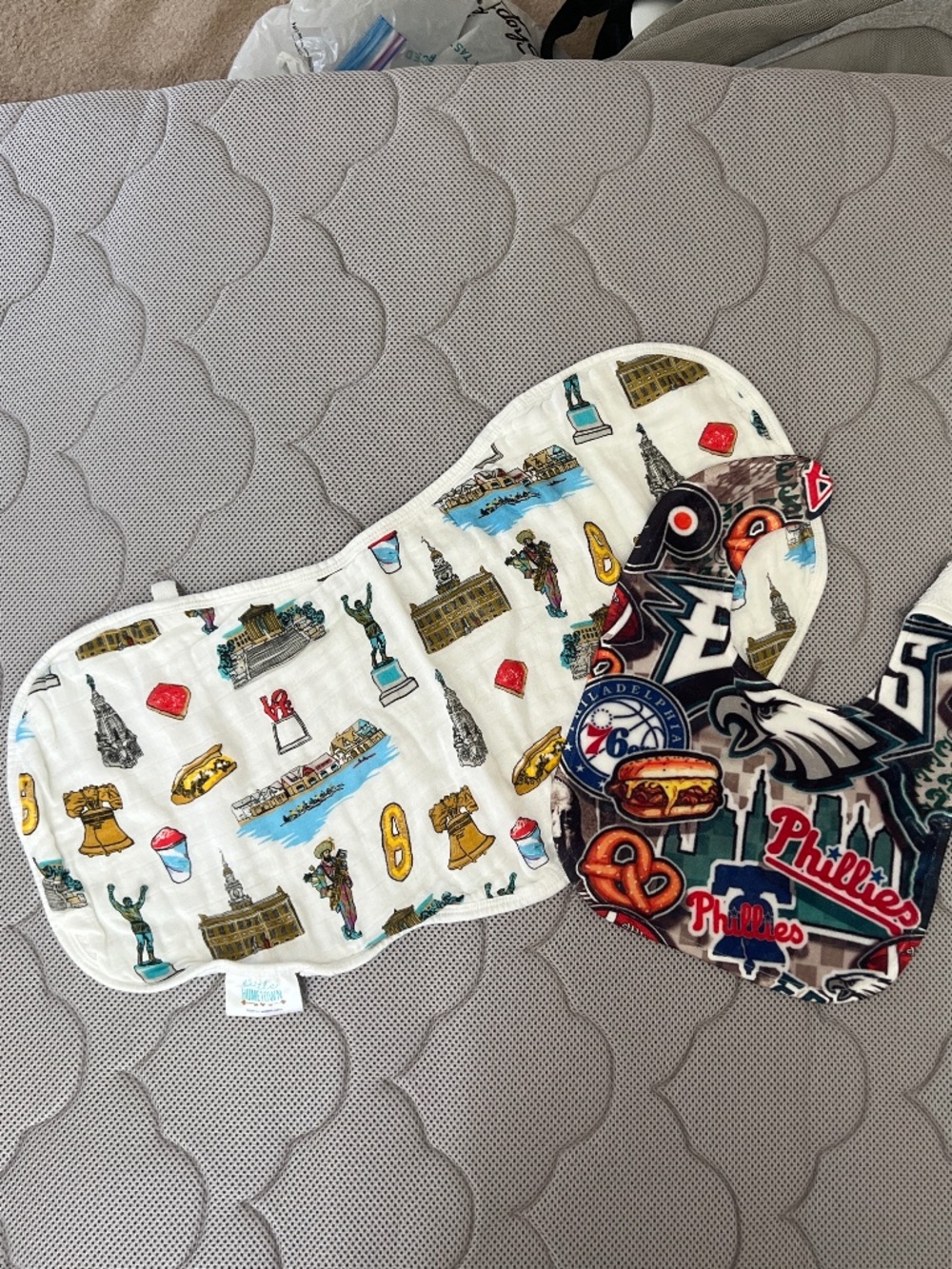 Philly theme burp cloth and bib